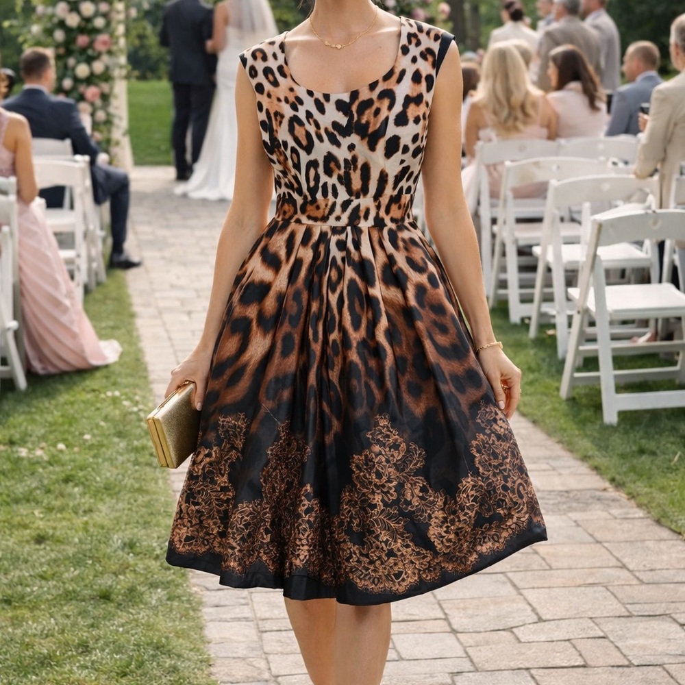 Boston Proper Leopard Lace Fit & Flare Dress 4 Date Night Cocktail EUC Animal
